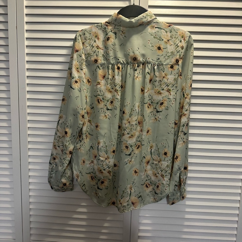 H&M Green Ruffled Long Sleeve Blouse with Mandarin Collar